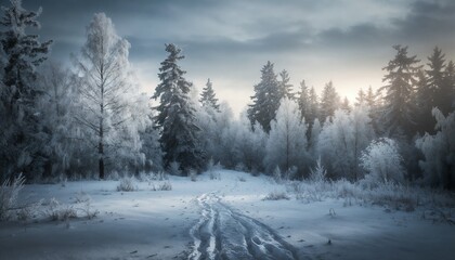 Obraz premium Serene snow-covered forest at dawn, illuminated by soft light, magical frosty landscape with footprints