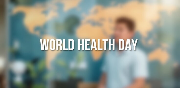 Blurred background with a map of the world and the text World Health Day. Healthcare and global awareness concept