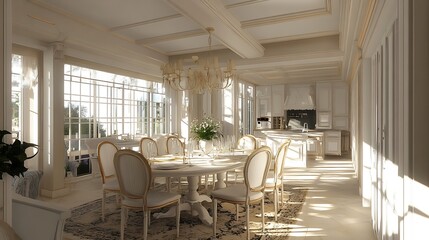 Elegant 3D Render: Sunlit Interior Design of a Luxurious Dining Room. AI Generated