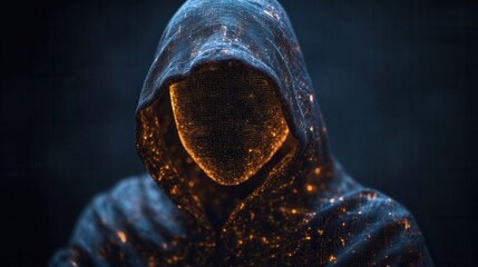 Glowing hooded figure, dark background.