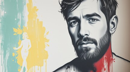 Vibrant mural of a man's face with colorful splashes and abstract elements on a wall