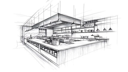 Stunningly Detailed Restaurant Kitchen Sketch: Perspective Design Illustration. AI Generated