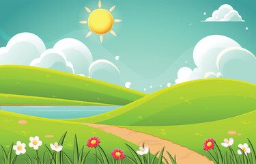 Obraz premium illustration of a green meadow with flowers and a blue sky