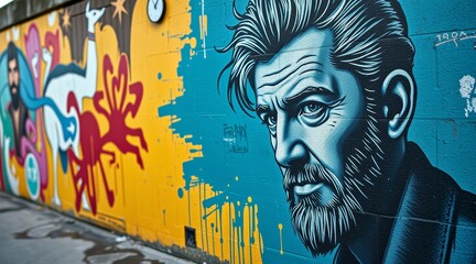 Colorful mural of an older man's face with abstract designs on a vibrant urban wall