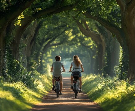 A young couple ride a bike strolls hand-in-hand along a tree-lined path in the park, enjoying a leisurely summer walk