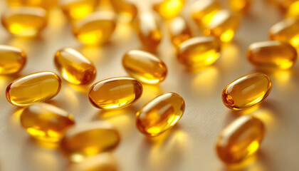 Golden Gel Capsules, Fish Oil Supplement, Omega-3 Pills, Translucent Oil Capsules, Vitamin E Softgels, Health and Wellness Supplements