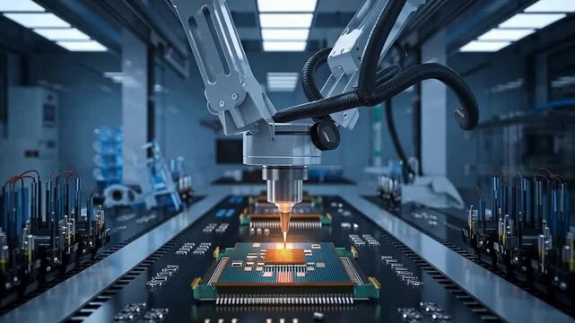 A futuristic robotic arm assembling a microchip with extreme precision in a high-tech, clean laboratory environment