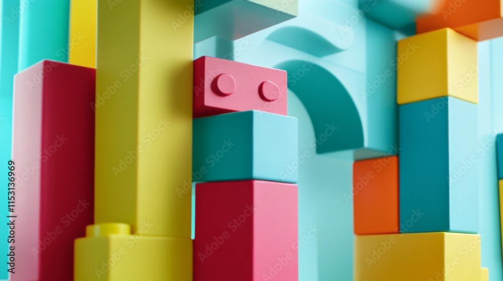 Poster a serene block-building scene with colorful bricks arranged creatively, playful construction style, 