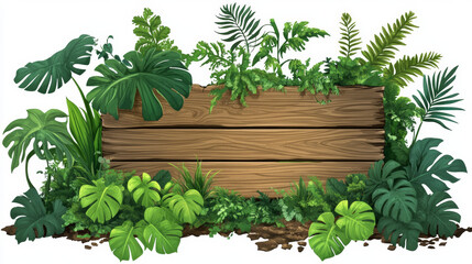 Wooden signboards in jungle, plank and pointers with green leaves and lianas. Vector cartoon set of wood panels, timber boards and direction signs with plants in forest isolated on white background