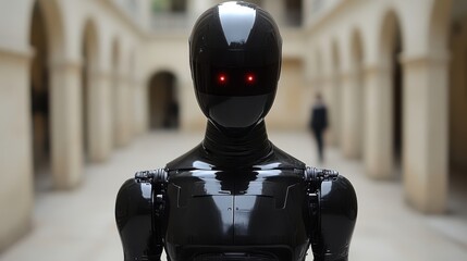 Black humanoid robot with red eyes stands in an ancient building.