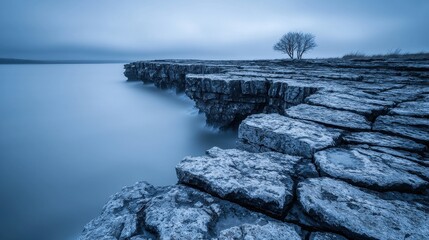 Fototapeta premium Serene Rocky Shoreline with Lone Tree Under Moody Gray Skies and Calm Waters