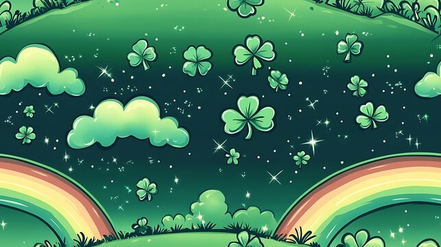 A mystical rainbow arching high above rolling green hills, ending in a shining pot of gold surrounded by glowing clovers and sparkles, dreamy clouds in the distance and vibrant colors throughout.