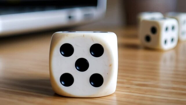 A single dice on the table with plain background