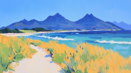 Obraz premium Scenic Coastal Pathway with Vibrant Blue Waters and Majestic Mountains in Background