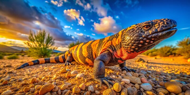 Gila Monster in Arizona Desert Panoramic Landscape Stock Photo