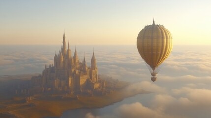 Fairytale castle above clouds with hot air balloon.