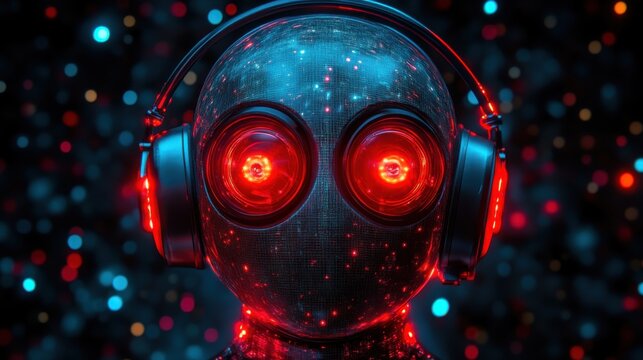 Cosmic robot with headphones enjoying music.