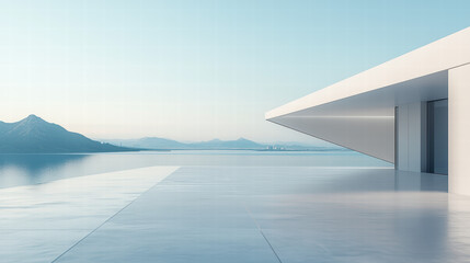 A white minimalist building with mountains in the background
