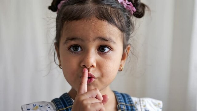 A young girl with a gesture of one index finger to her mouth indicating to be quiet
