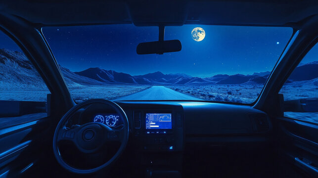 View from inside car through windshield on road in desert at night under full moon light. Cartoon vector driverless automobile interior with steering wheel, control dashboard with gps navigator.