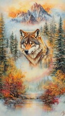 A majestic wolf's head emerges amidst a vibrant forest and mountains, evoking nature's beauty.