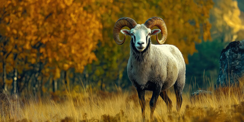 Naklejka premium Majestic ram in autumnal landscape