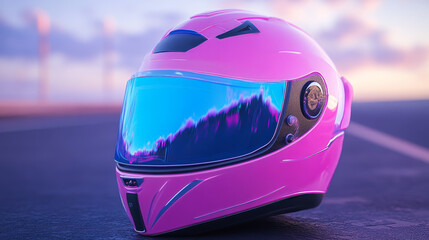 Obraz premium Motorcycle helmet for moto race and ride on scooter. Vector realistic illustration of 3d retro pink helmet with blue visor and glasses in front, back and angle view isolated on white background