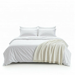 white bedding with throw blanket on a bed isolated on white background