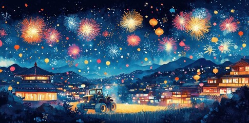 Night Festival Fireworks Tractor Landscape Vibrant Asian Style