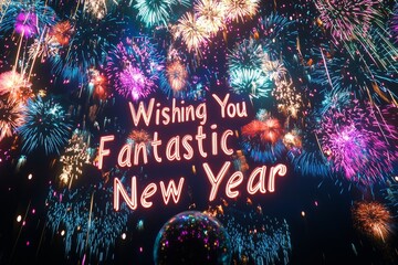 A colorful fireworks display with Wishing You a Fantastic New Year written in bold letters