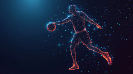 Fototapeta premium Basketball player consists of points, lines and triangles. The polygon shape in the form of a silhouette of a basketball player on a dark background. Vector illustration.