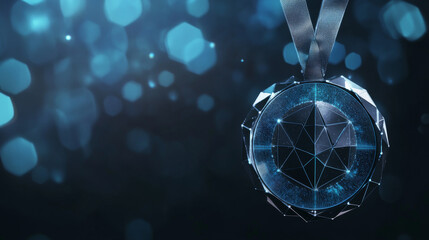 Hologram military medal. A military reward of polygons, triangles of dots and lines. Medal icon low-poly compound structure. Technology concept vector.