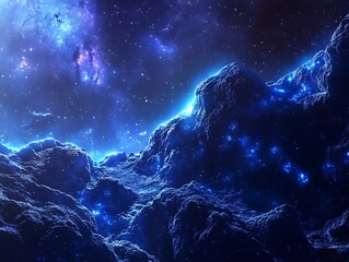 Fototapeta premium Glowing Blue Asteroid Field: Stunning Digital Painting of a Cosmic Landscape. AI Generated