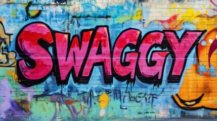 word " SWAGGY , paint on wall with grungy graffiti style, Gen Z slang means having a fashionable and confident appearance or way of behaving