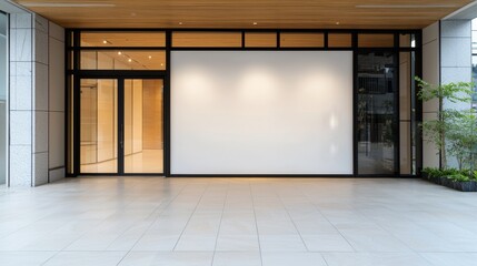A modern entrance featuring large glass doors and a blank wall, surrounded by clean stone flooring and a touch of greenery.