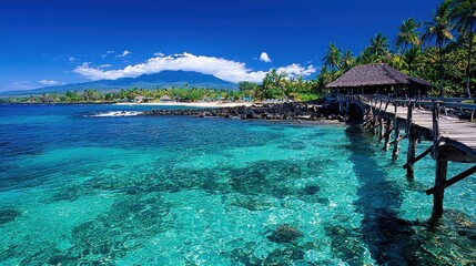 Serene Tropical Beach Scene with Clear Water and Lush Palm Trees under Blue Sky