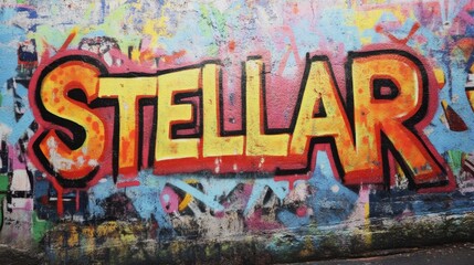 word " STELLAR , paint on wall with grungy graffiti style, Gen Z slang,  an extremely high standard or excellent