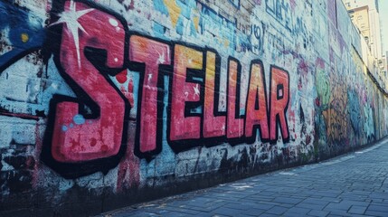 word " STELLAR , paint on wall with grungy graffiti style, Gen Z slang,  an extremely high standard or excellent