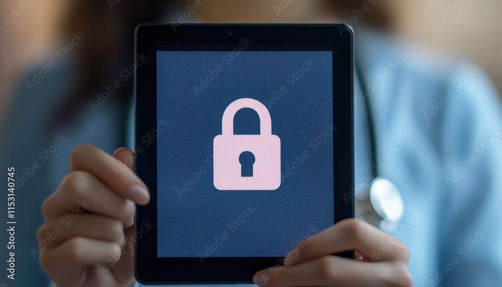 Poster a person holds a tablet displaying a padlock symbol, emphasizing security and privacy in a digital c
