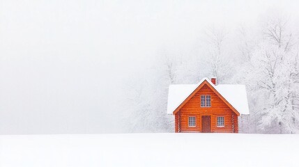 Fototapeta premium Cozy Wooden Cabin in Snowy Landscape Surrounded by Frosted Trees and White Environment