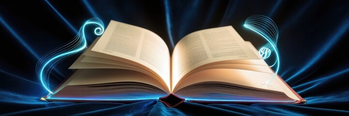 Open old magic book, fantasy, fairy tale. Wizard and witchcraft knowledge on ancient papers. Mystery literature. Sacred secret manuscript