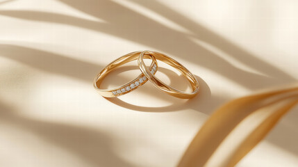 Two golden wedding rings on beige background with shadows, product photography for jewelry advertising campaign