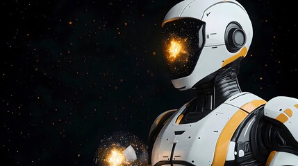 Fototapeta premium Futuristic Robot Holding Energy Orbs in Dark Space