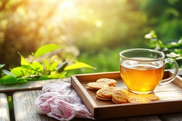 A Serene Morning Tea Break Outdoors: Enjoying a Cup of Tea with Biscuits on a Sunny Day