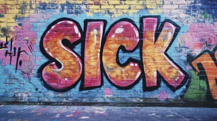 grungy street wall painted in graffiti style with Gen Z slang word " SICK " means cool or awesome