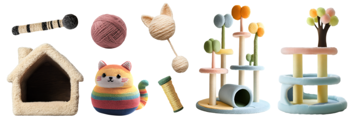 Collection set of pastel scratch post, climbing tree playhouse, bed, individual pet accessories for animal cat kitten on transparent cutout PNG. Many different play ball toy. Mockup template design