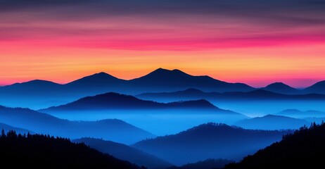 Obraz premium Serene Colorful Sunset Over Layered Mountain Silhouettes in Tranquil Landscape