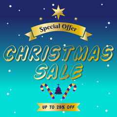Fototapeta premium Merry Christmas Sale Promotion Poster or banner with Up to 25% off, Christmas element for Retail, Shopping or Christmas Promotion in Blue and gold style. 25% Discount. Special Offer.