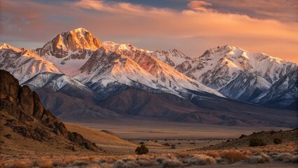 Naklejka premium Golden Hour Snowcapped Mountains: Majestic Alpine Landscape at Sunset