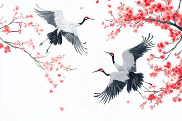 A Japanese-inspired design with cranes and sakura blossoms, white background